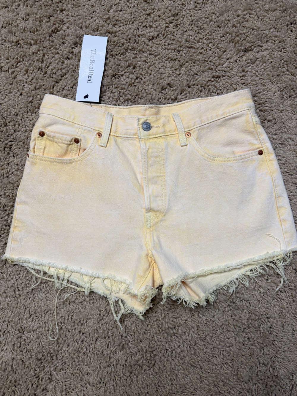Levi's Pale Yellow Frayed Hem Denim Shorts
